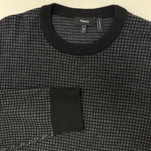 Theory Mens Merino Wool Crewneck Sweater Grey Black Check Medium